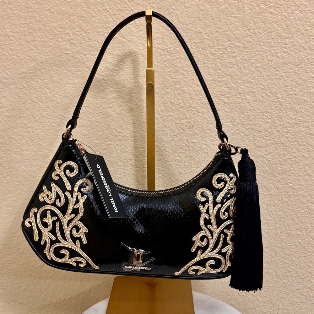 KARL LAGERFELD Dark Whimsigoth Rare Classic gold embroidered Black Shoulder Bag